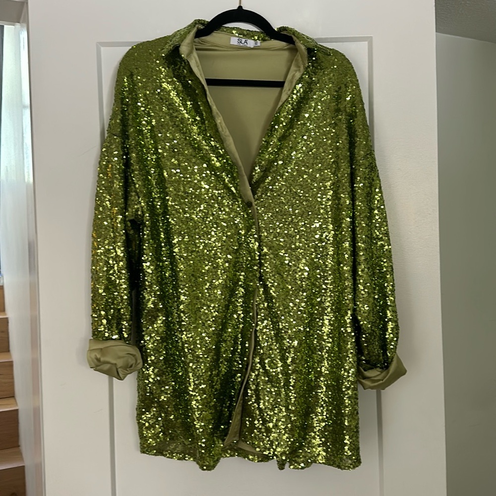 SLA Green Sequin Long-Sleeve Shirt Dress